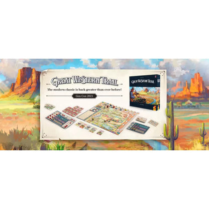 Great Western Trail 2nd Edition board game setup and box