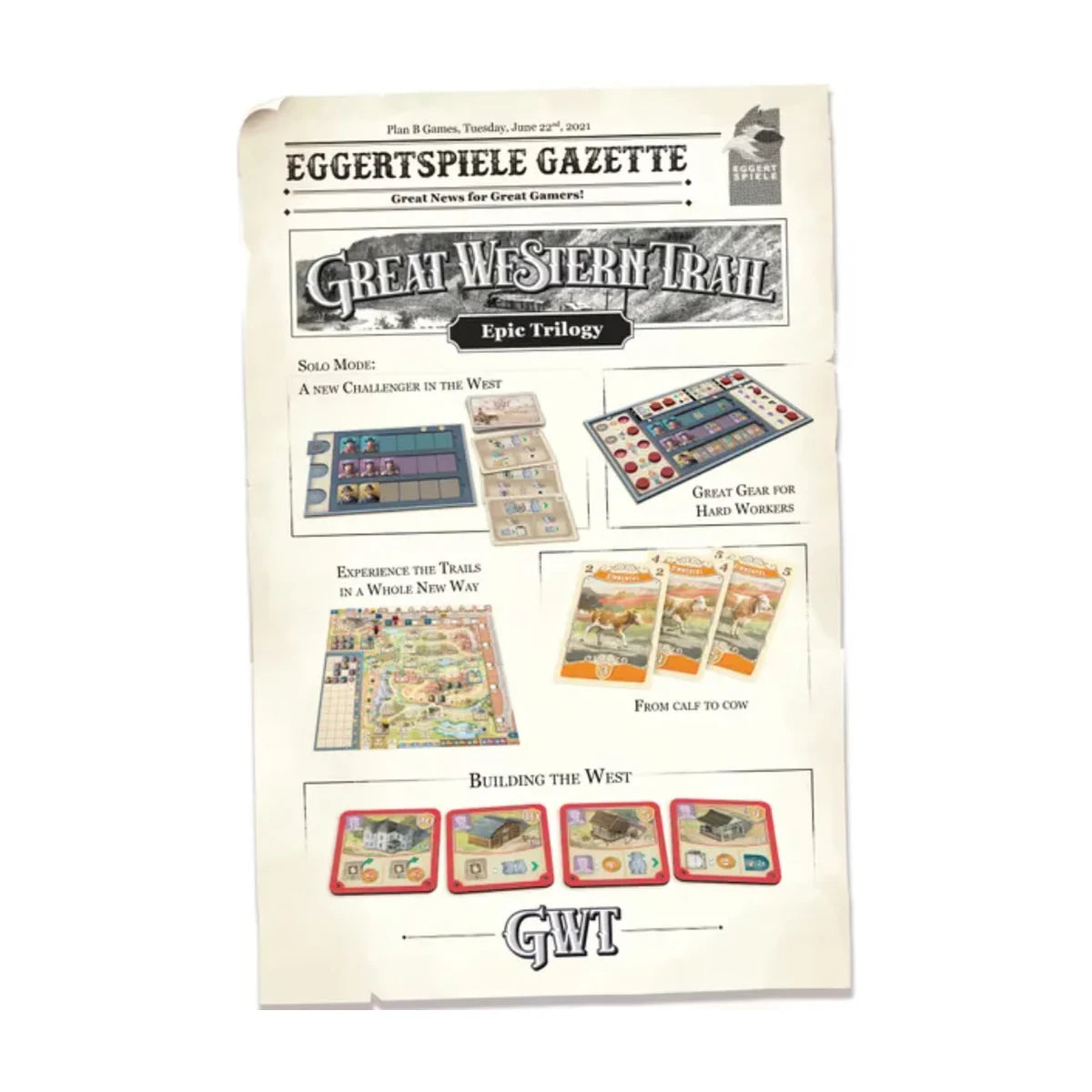 Great Western Trail 2nd Edition feature sheet showing solo mode, buildings and cattle cards