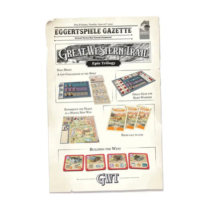 Great Western Trail 2nd Edition feature sheet showing solo mode, buildings and cattle cards