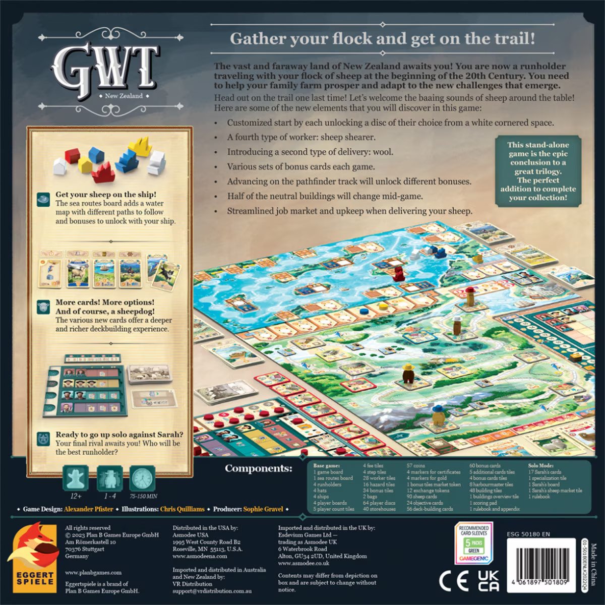 Back of the Great Western Trail New Zealand box showing game board, components and gameplay features