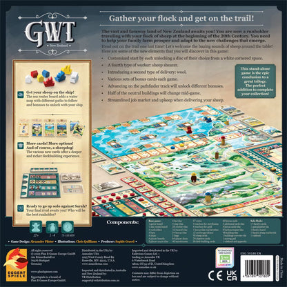 Back of the Great Western Trail New Zealand box showing game board, components and gameplay features
