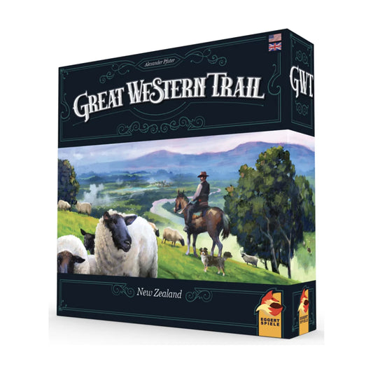 Great Western Trail New Zealand board game box featuring sheep and a runholder on horseback