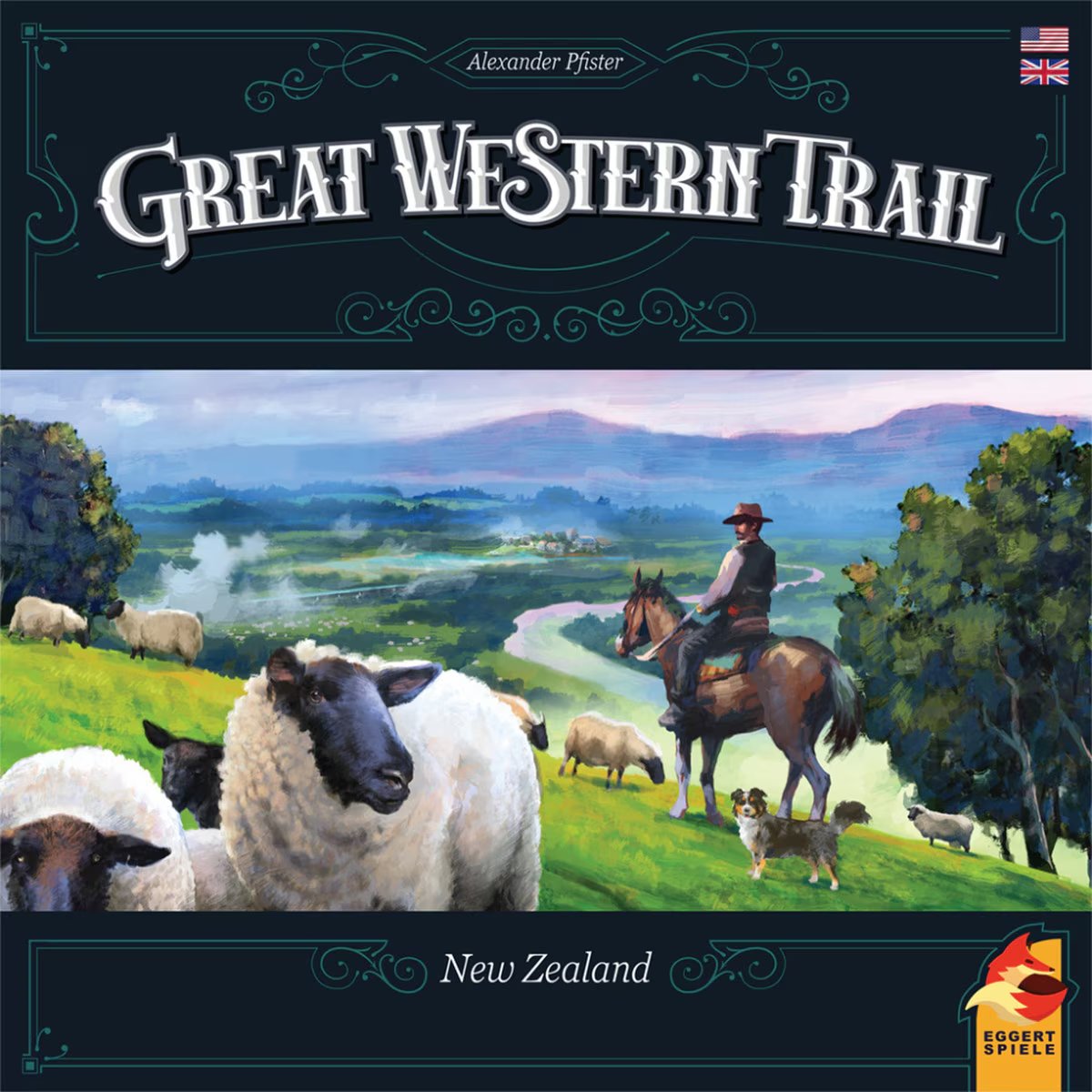 Front cover artwork for Great Western Trail New Zealand board game