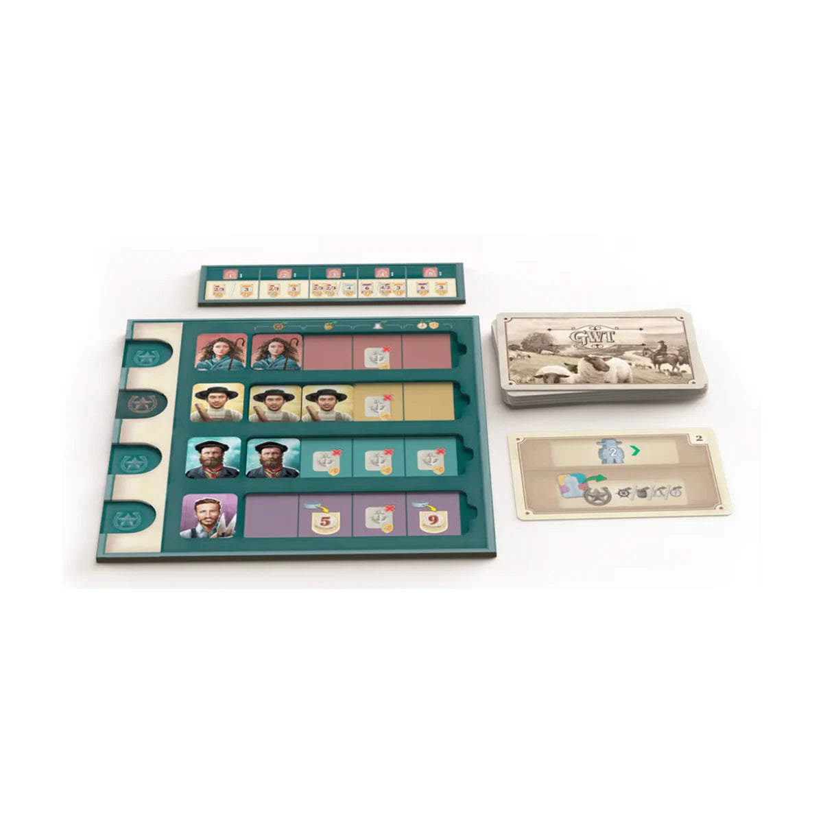 Great Western Trail New Zealand game components with player board, cards and tokens laid out