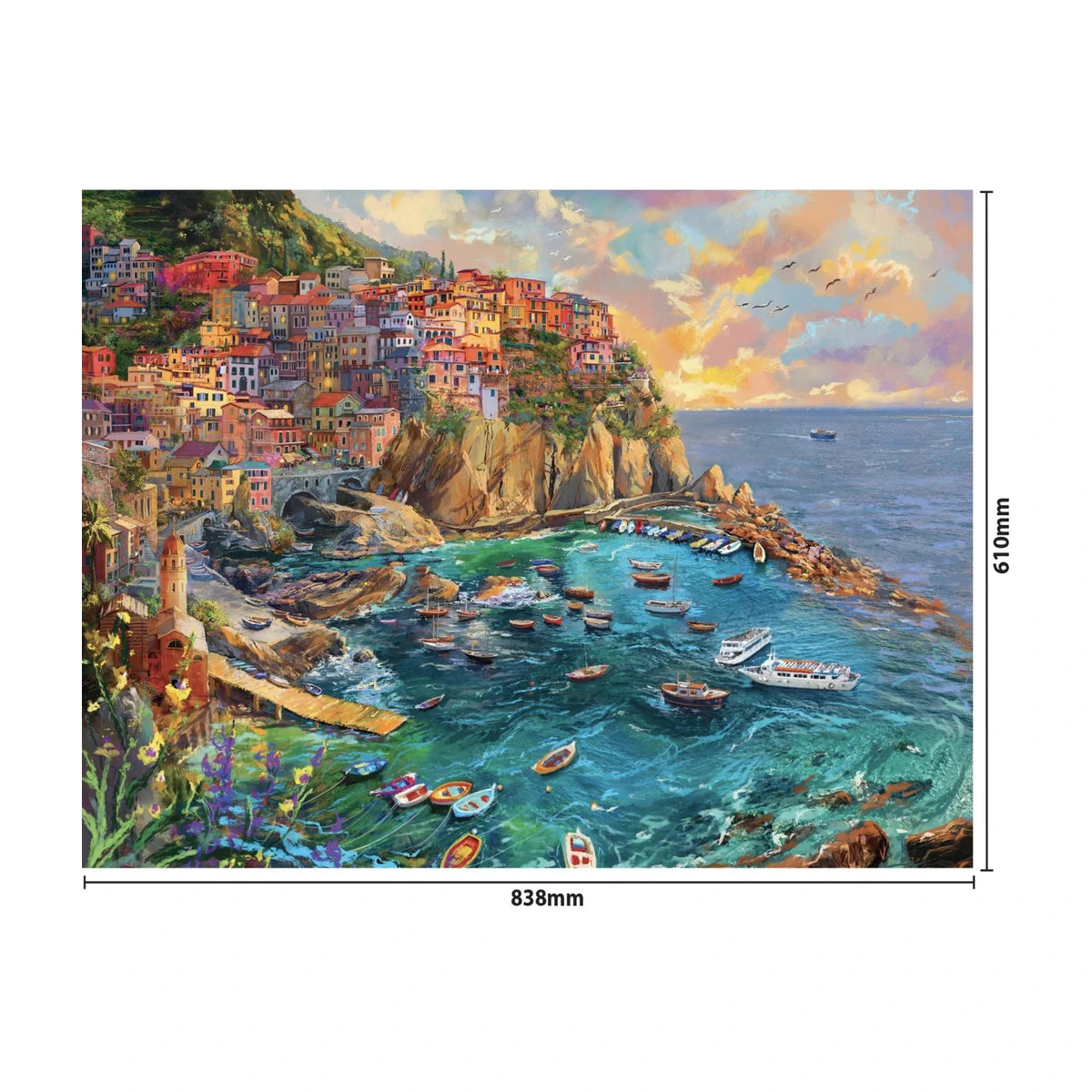 Amalfi Cove 1500 piece puzzle finished size diagram showing 838 x 610mm dimensions