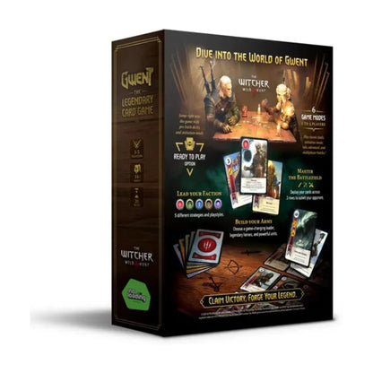 Back of Gwent The Legendary Card Game box showing factions, game modes, and gameplay features