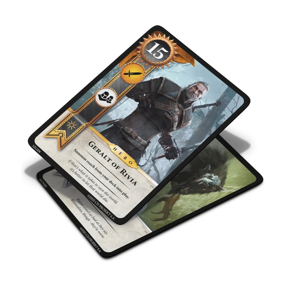 Close-up of Geralt of Rivia hero card from Gwent The Legendary Card Game