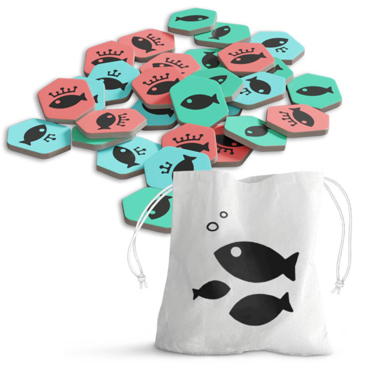 Hamlet By the Lake expansion fish tokens and canvas bag for fishing actions in the Hamlet board game