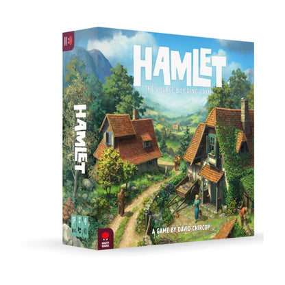 Hamlet The Village Building Game angled box showing the Mighty Boards village building strategy board game
