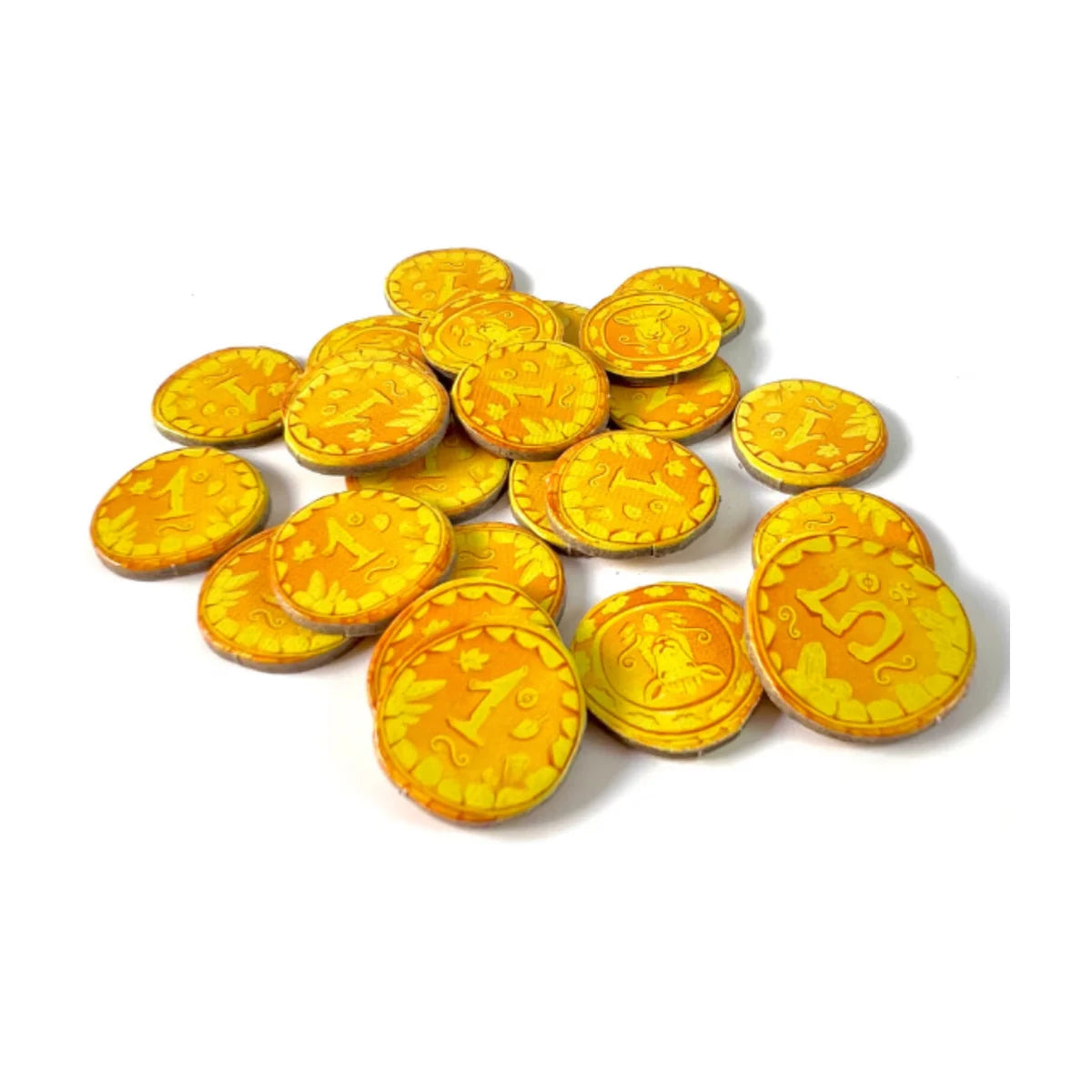 Hamlet board game gold coin tokens used for buying blueprints, hiring workers and scoring in the village building game