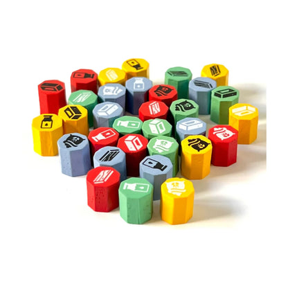 Hamlet The Village Building Game colourful resource tokens for a tile placement village building board game