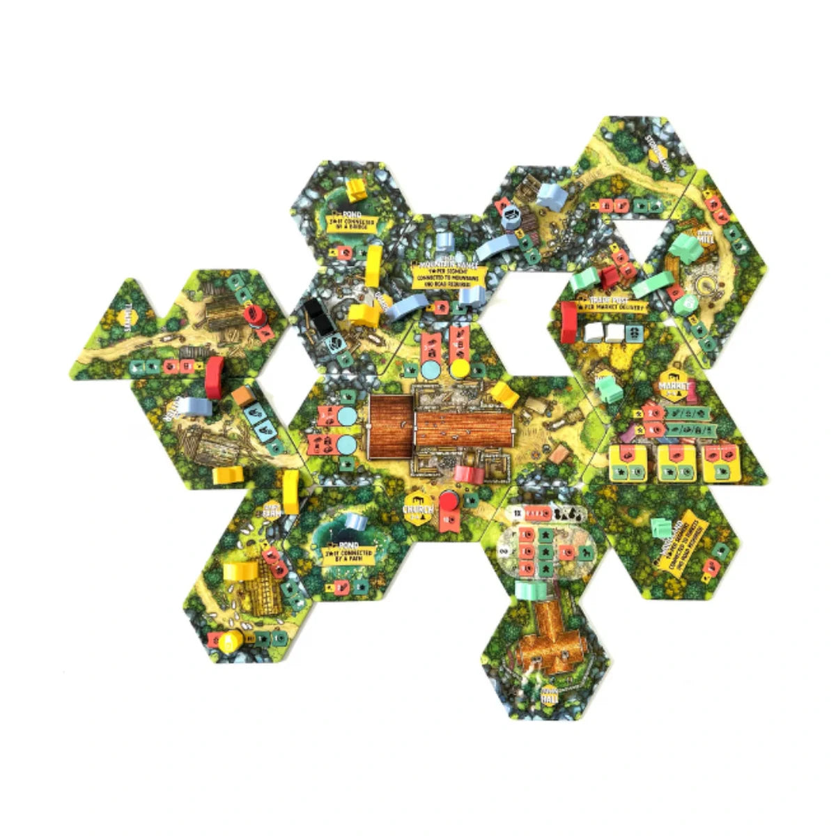 Hamlet board game irregular village tile layout showing buildings, roads, resources and shared village strategy gameplay