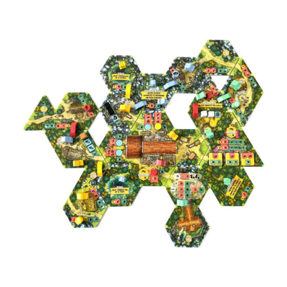 Hamlet board game irregular village tile layout showing buildings, roads, resources and shared village strategy gameplay