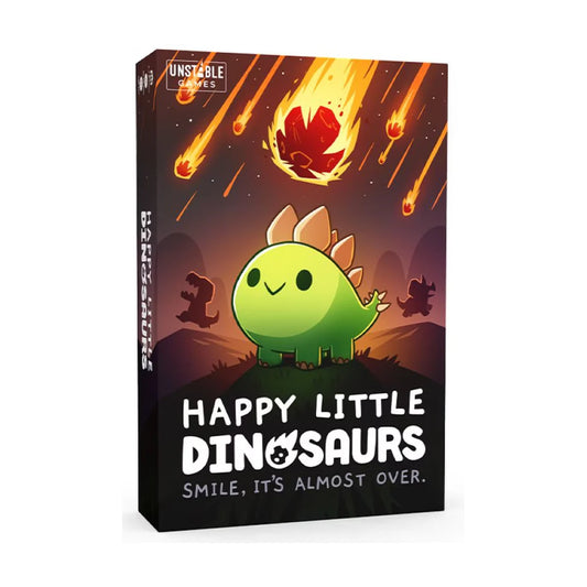 Happy Little Dinosaurs base card game box front featuring a green dinosaur beneath falling meteors
