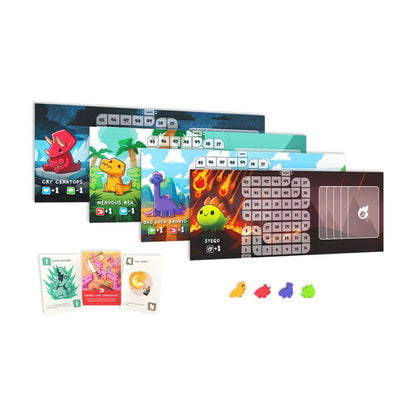 Happy Little Dinosaurs game components showing four player boards, cards and coloured Dinosaur meeples