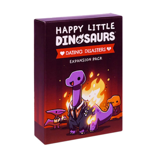 Happy Little Dinosaurs Dating Disasters Expansion Pack box featuring dinosaurs on a disastrous date