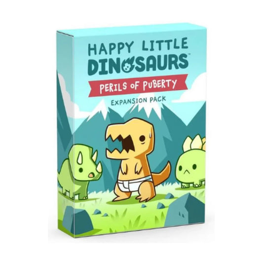 Happy Little Dinosaurs Perils of Puberty Expansion Pack box featuring three young cartoon dinosaurs
