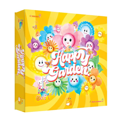 Happy Garden board game box front with smiling pastel flowers and bright yellow flower-power artwork