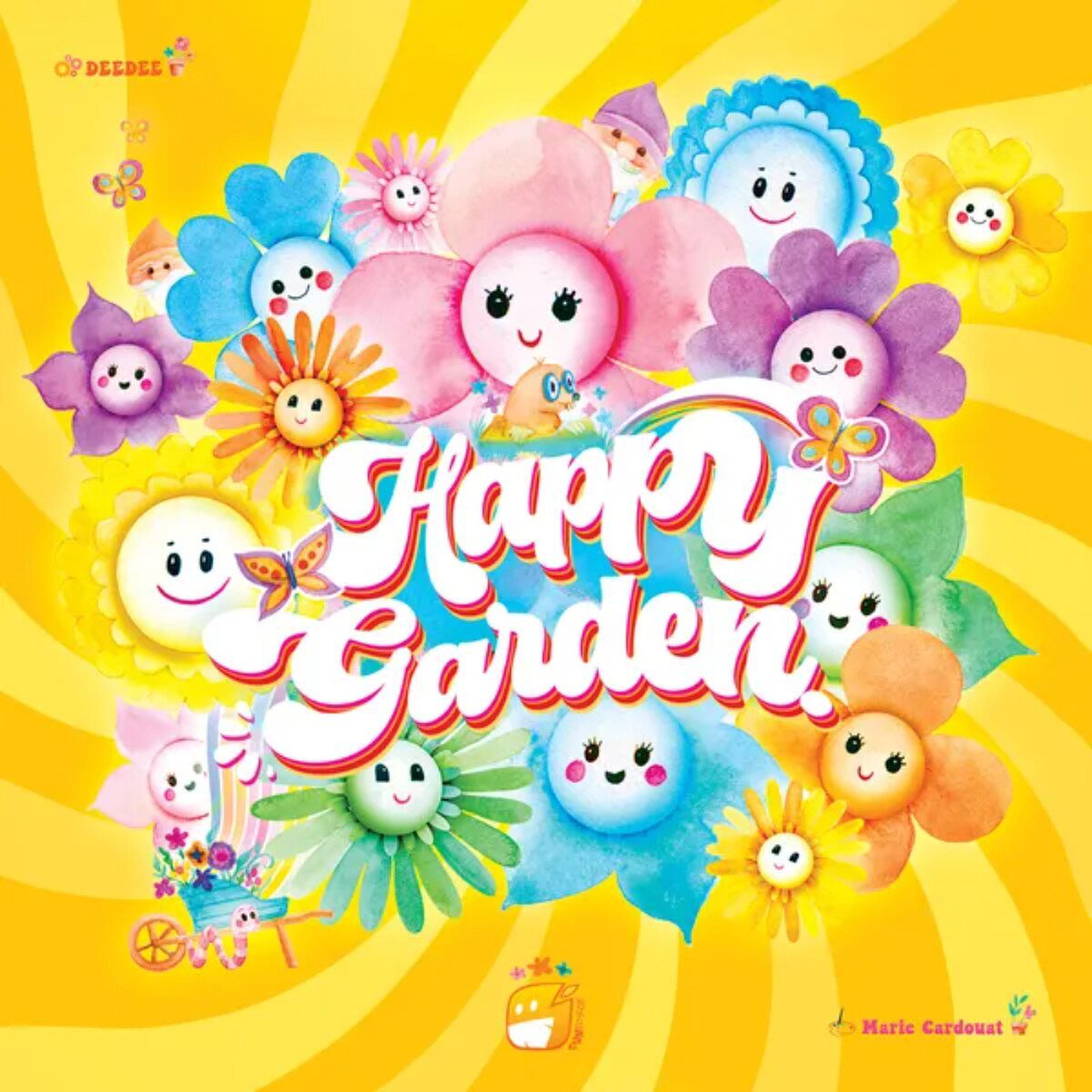 Close-up of Happy Garden board game cover art with colourful smiling flowers and cheerful garden theme
