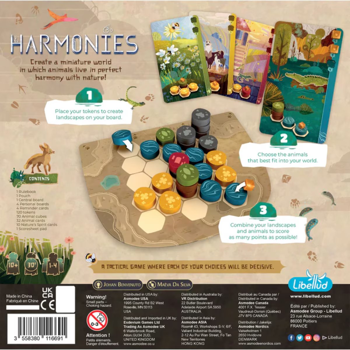 Back of Harmonies board game box showing landscape building, animal habitats, components and gameplay examples