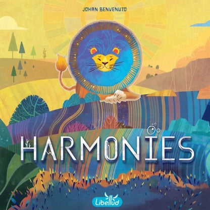 Harmonies board game front cover by Libellud with colourful lion and layered nature landscape artwork