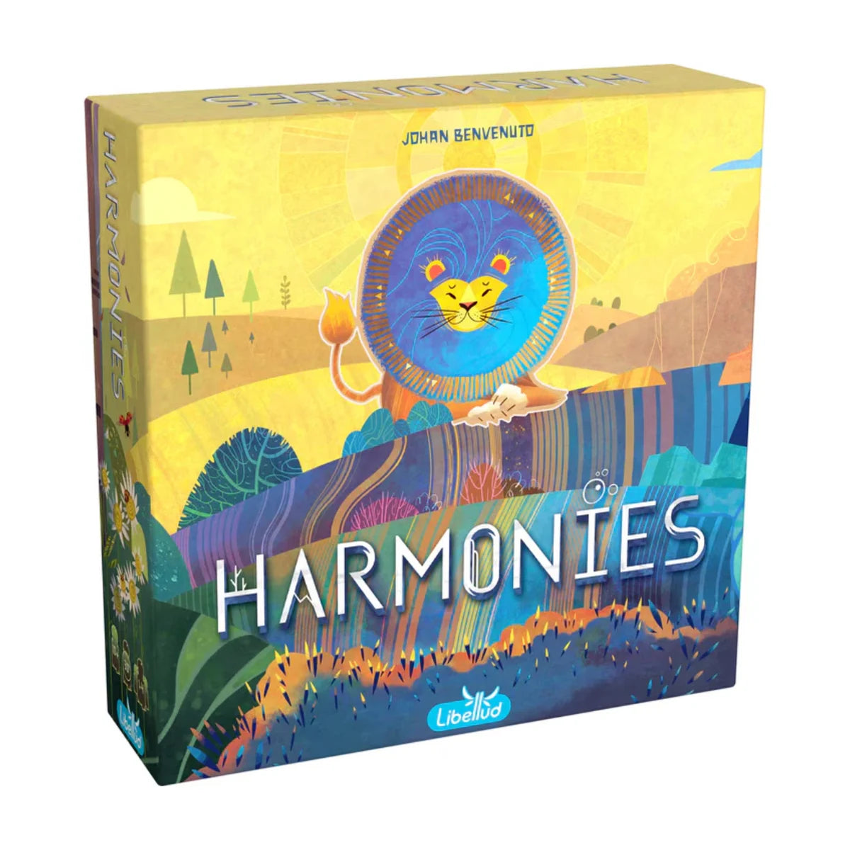 Harmonies tile-placement strategy board game box by Libellud featuring colourful lion and landscape artwork