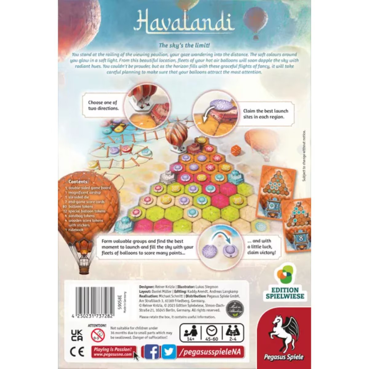 Havalandi board game back of box showing hot air balloon placement gameplay, double-sided board and scoring cards