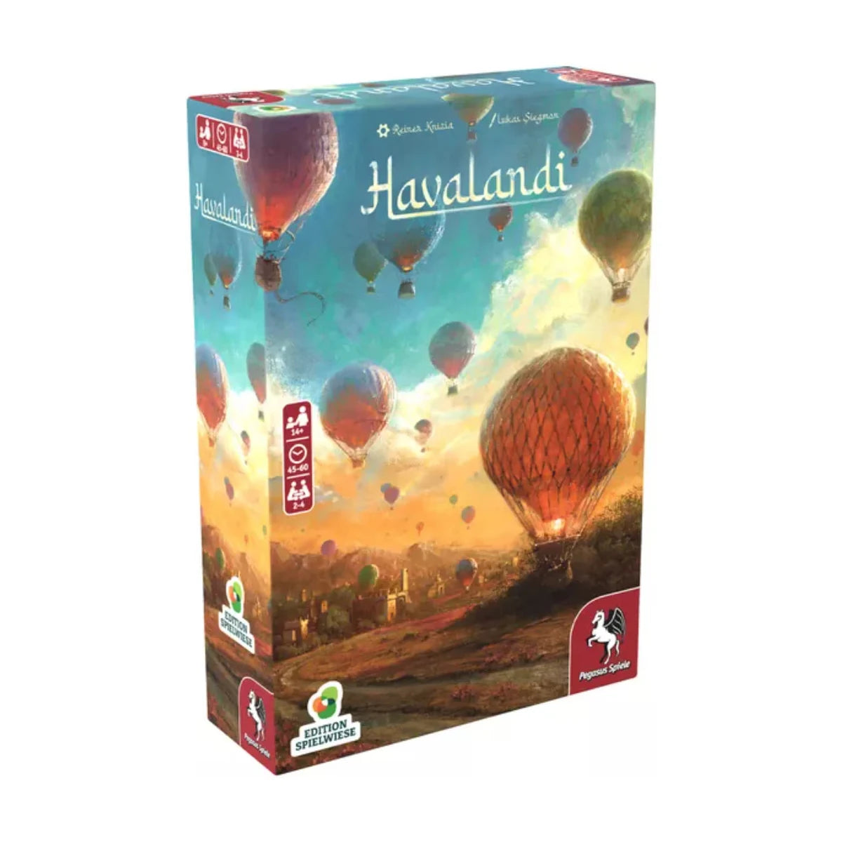Havalandi board game box front showing a scenic hot air balloon tile placement strategy game by Reiner Knizia