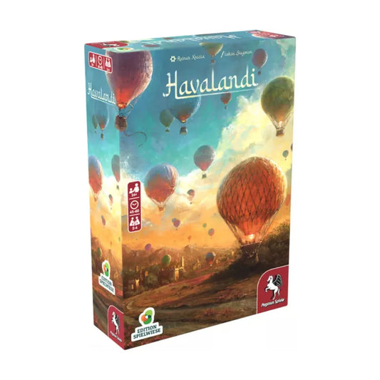 Havalandi board game box front showing a scenic hot air balloon tile placement strategy game by Reiner Knizia