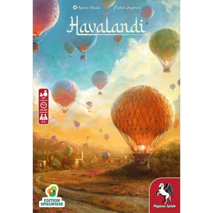 Havalandi hot air balloon board game cover art with colourful balloons over a scenic landscape