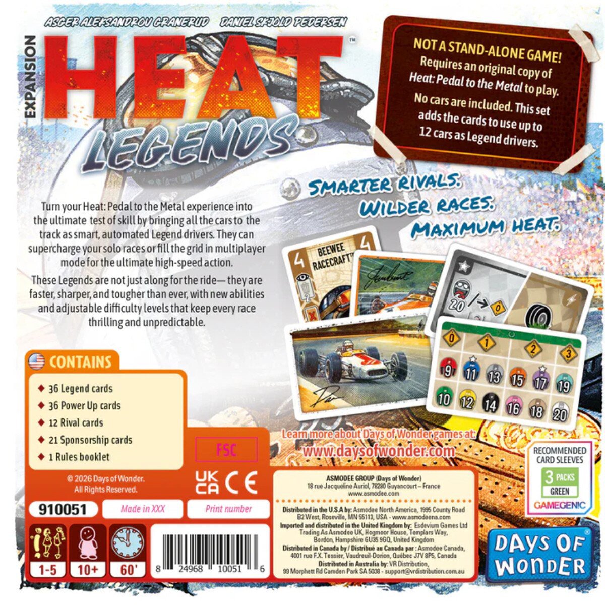 Heat Legends expansion box back showing Legend cards, Power Up cards and information about automated racing opponents