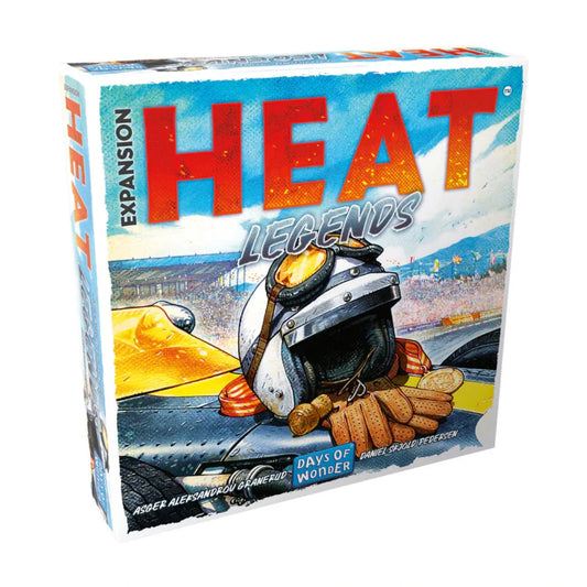 Heat Legends board game expansion box featuring a racing helmet and gloves beside a classic race car