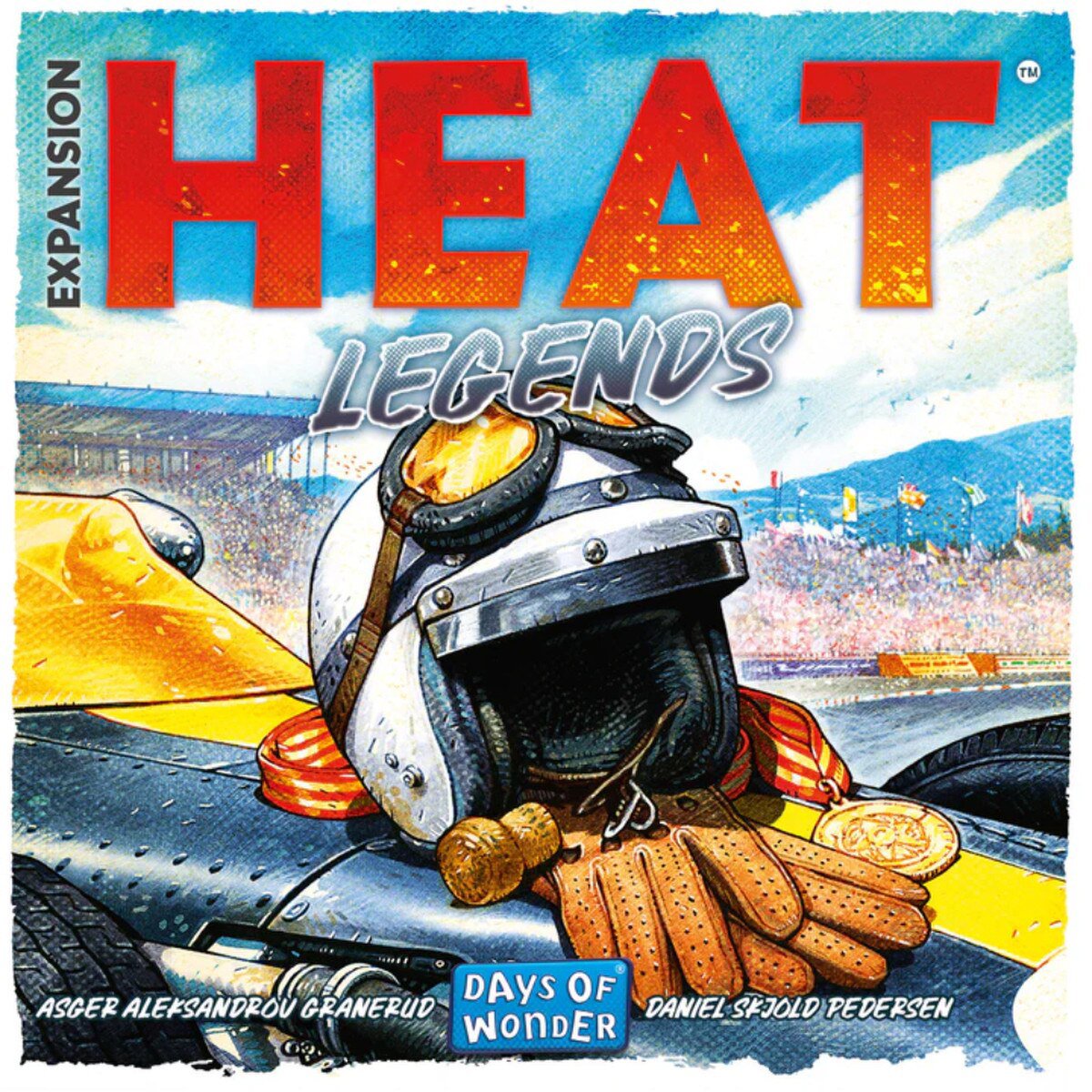 Heat Legends expansion cover artwork featuring a racing helmet and gloves beside a classic race car at the track