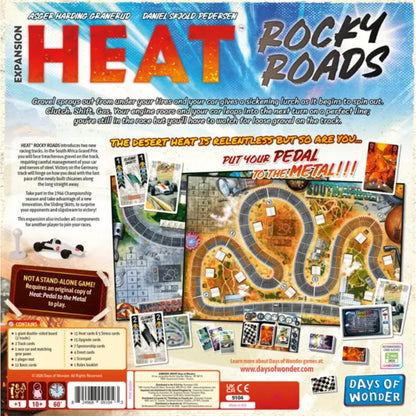 Back of Heat Rocky Roads expansion box showing South Africa and Germany tracks, racing cards, seventh-player car and components