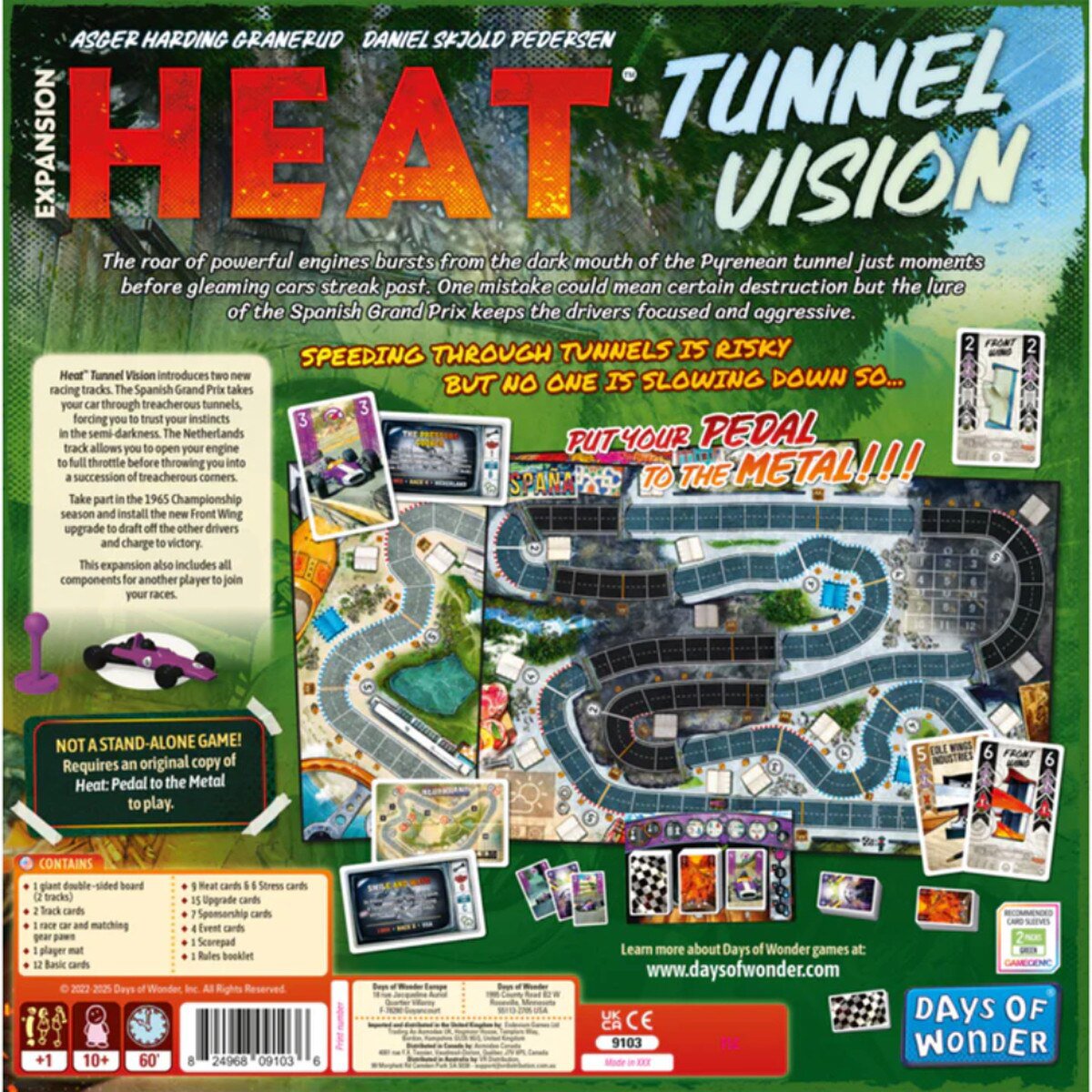 Back of Heat Tunnel Vision Expansion box showing Spain and Netherlands tracks, cards, Front Wing upgrades and extra player contents.