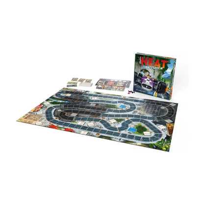 Heat Tunnel Vision Expansion track setup with double-sided race board, cards, box and extra player components for Heat Pedal to the Metal.