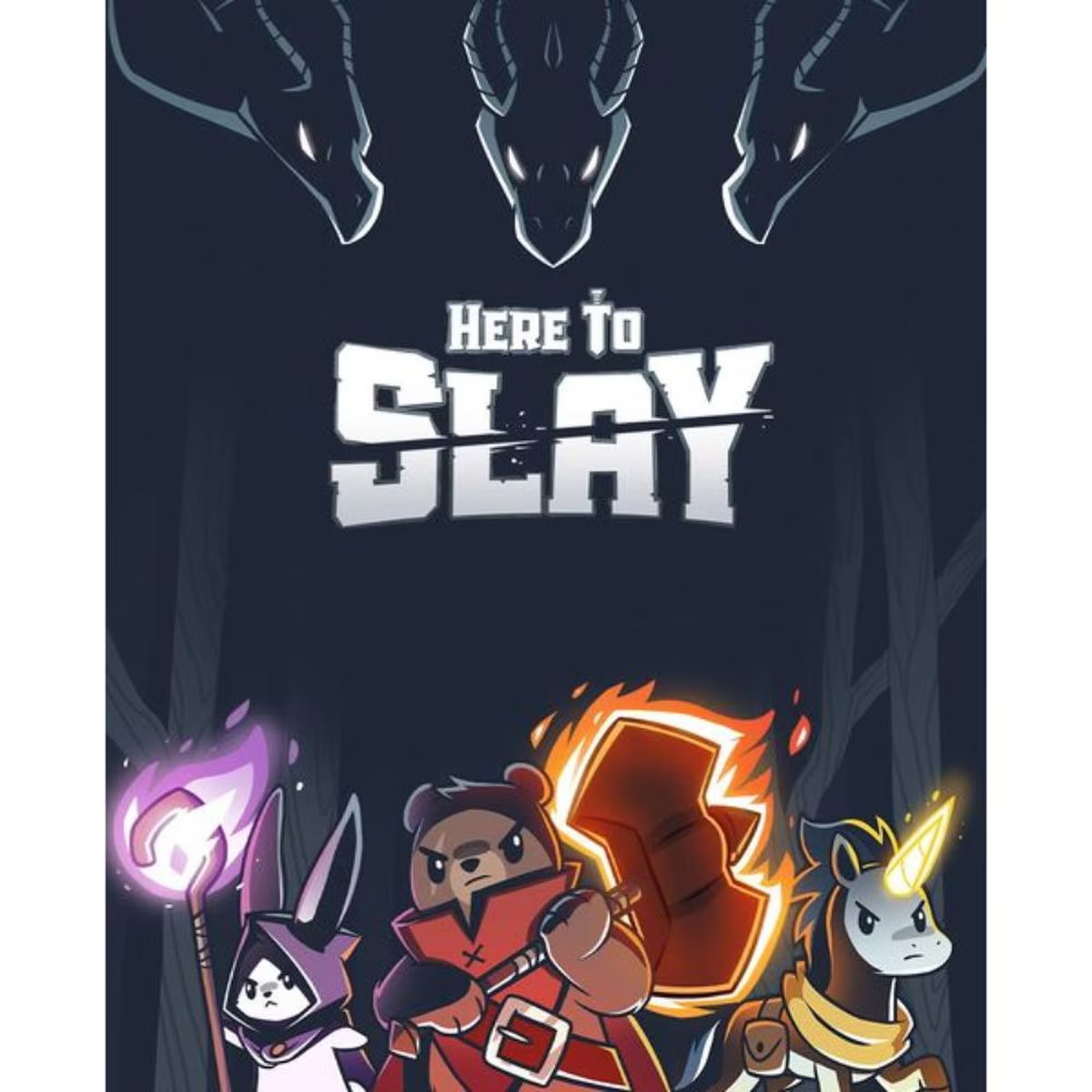 Here to Slay fantasy card game cover featuring three animal adventurers beneath shadowy monsters