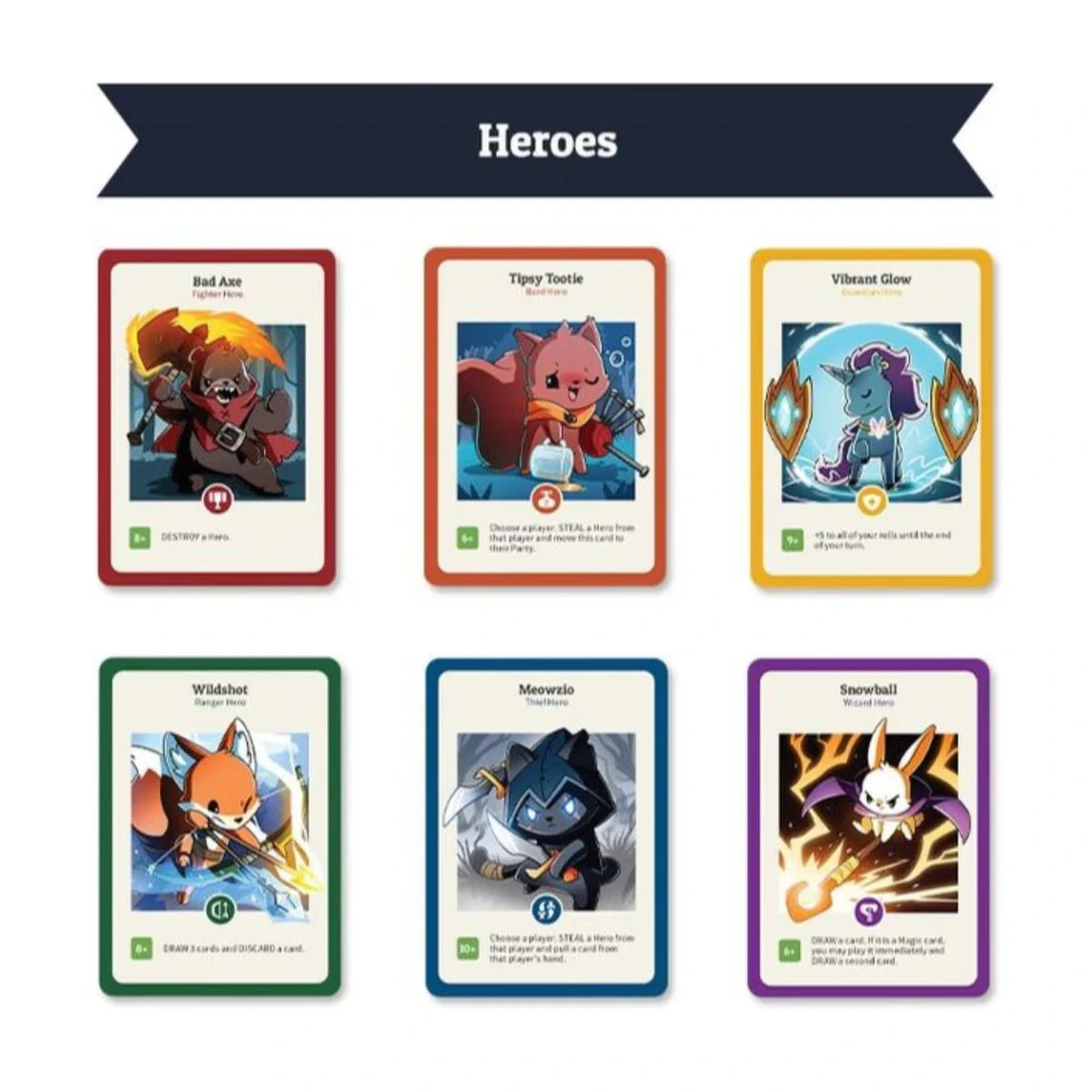 Here to Slay Hero cards showing Fighter, Bard, Guardian, Ranger, Thief and Wizard classes