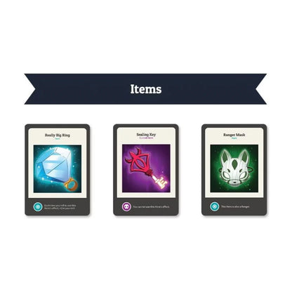 Here to Slay Item cards showing Really Big Ring, Sealing Key and Ranger Mask
