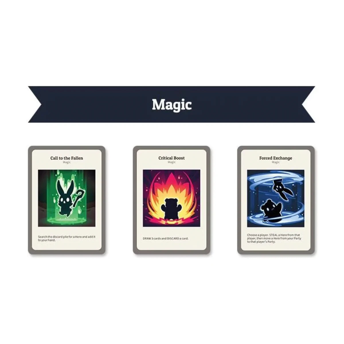 Here to Slay Magic cards showing Call to the Fallen, Critical Boost and Forced Exchange
