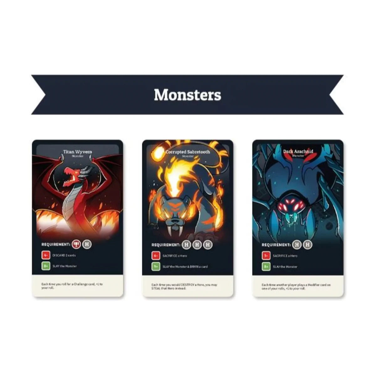Here to Slay Monster cards featuring Titan Wyvern, Corrupted Sabretooth and Dark Arachnid