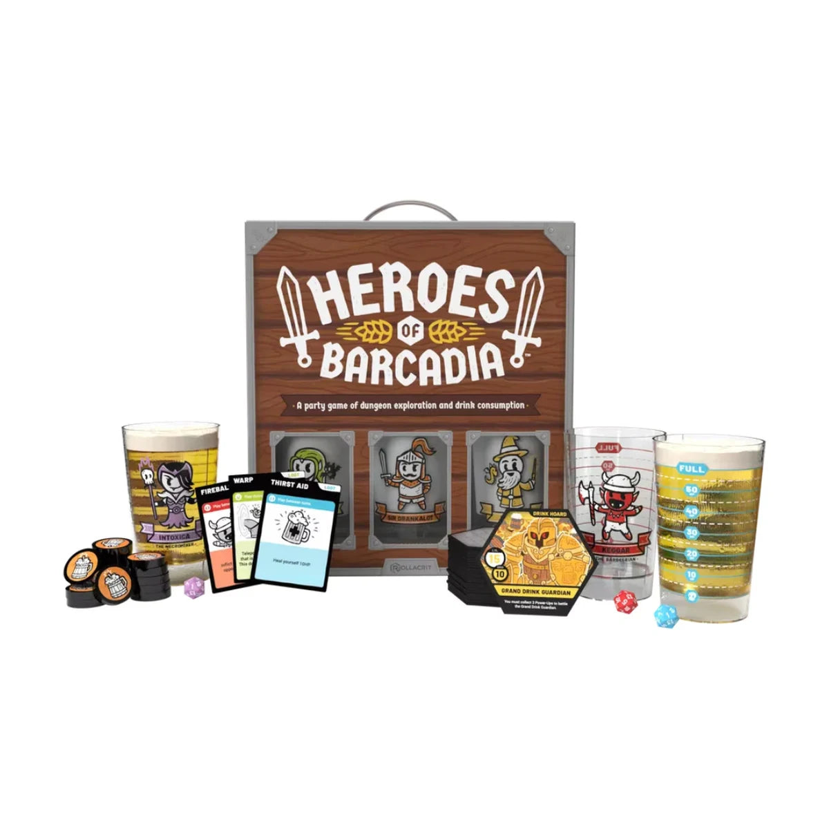 Heroes of Barcadia party game box and components with Health Bar Cups, D20 dice, cards and dungeon pieces