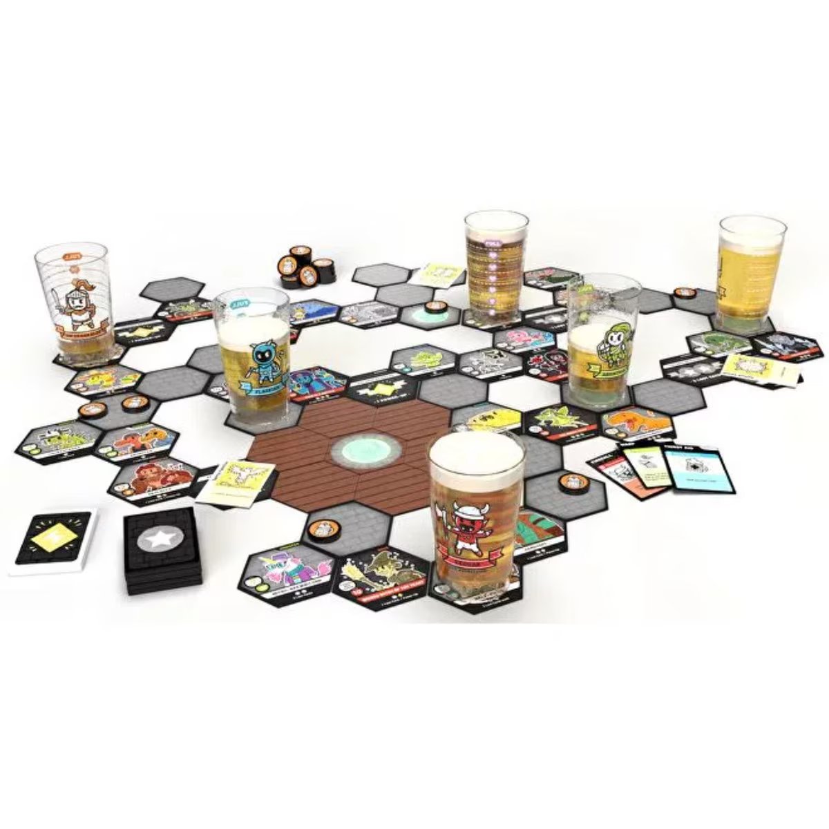 Heroes of Barcadia dungeon gameplay setup with hex room tiles, Health Bar Cups, cards and tokens