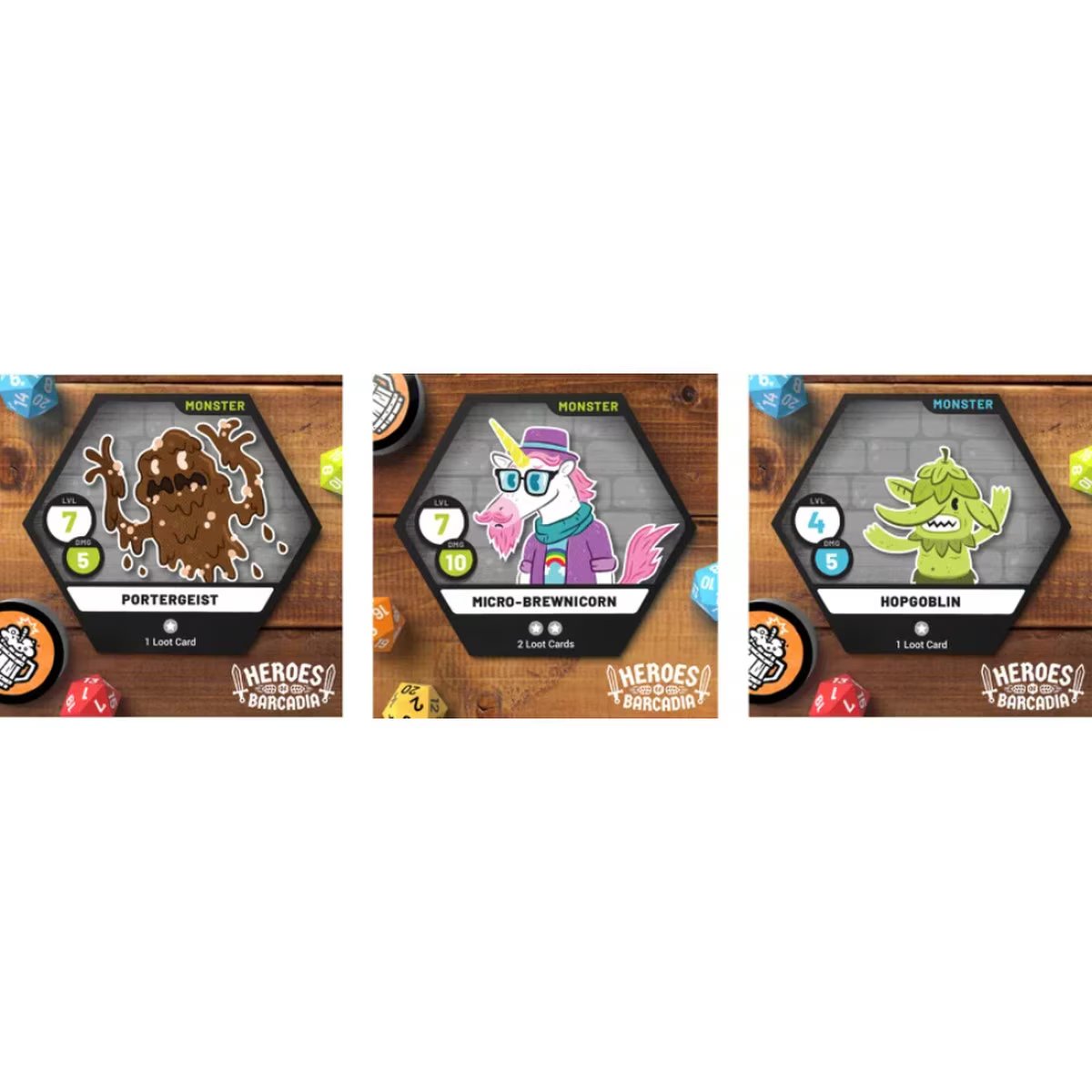 Heroes of Barcadia Monster room tiles featuring Portergeist, Micro-Brewnicorn and Hopgoblin