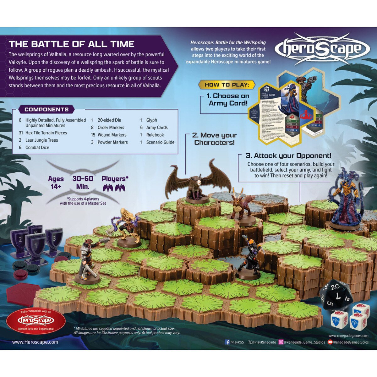 Back of Heroscape Battle for the Wellspring Battle Box showing miniatures, terrain, components and how to play