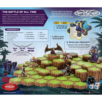 Back of Heroscape Battle for the Wellspring Battle Box showing miniatures, terrain, components and how to play