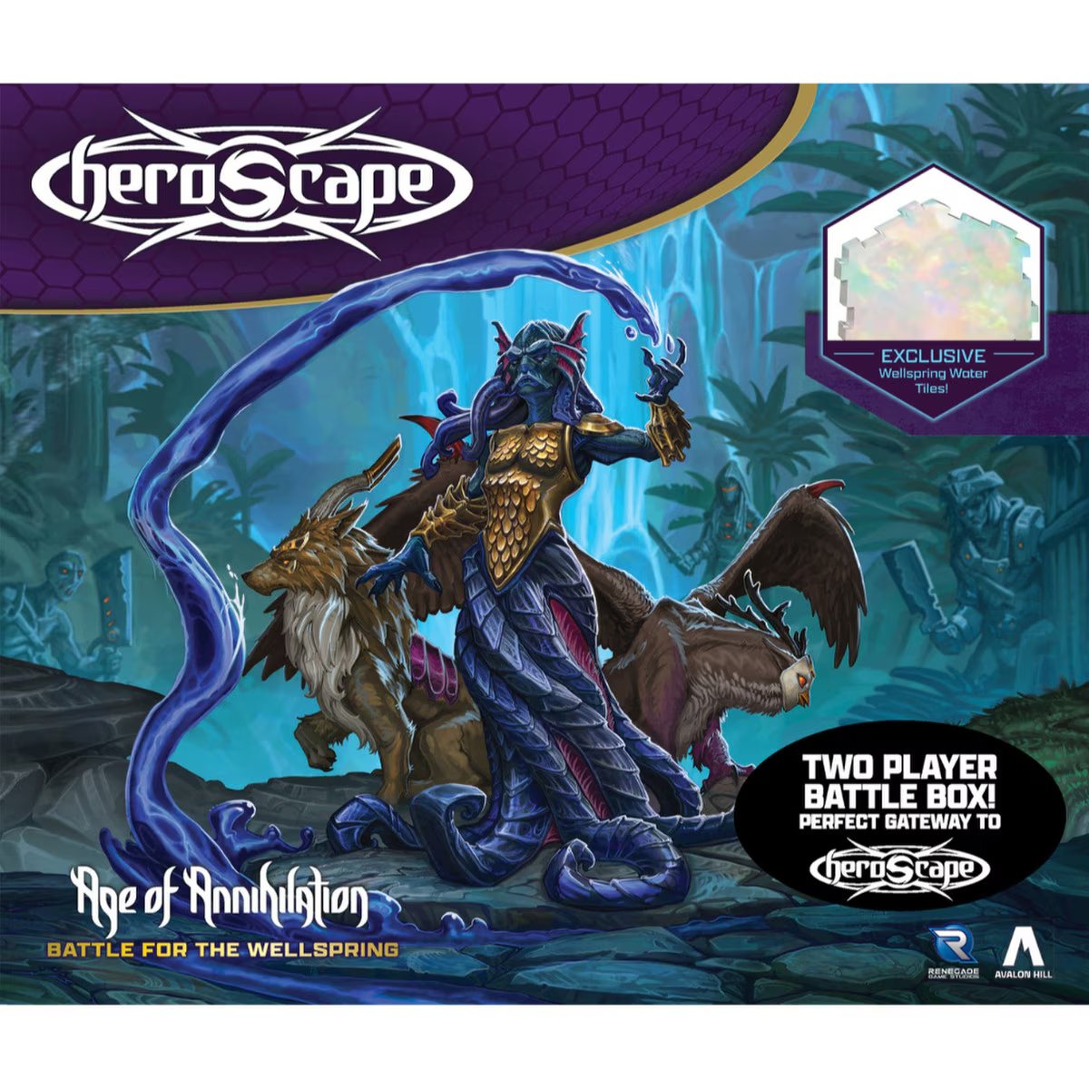 Heroscape Battle for the Wellspring Battle Box cover art with Valhalla fantasy battle scene