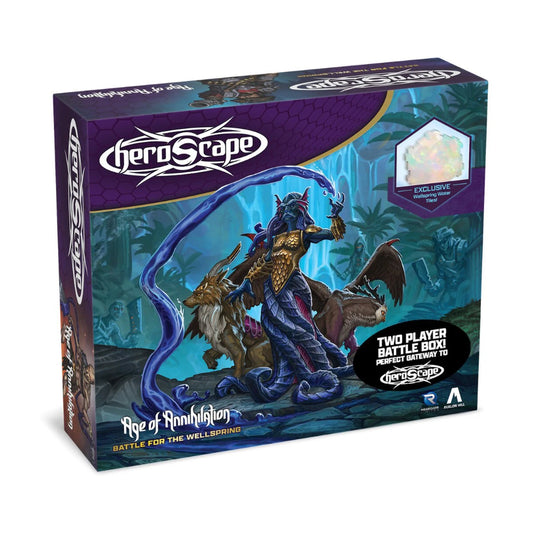 Heroscape Battle for the Wellspring Battle Box front cover with fantasy characters and Wellspring water tiles