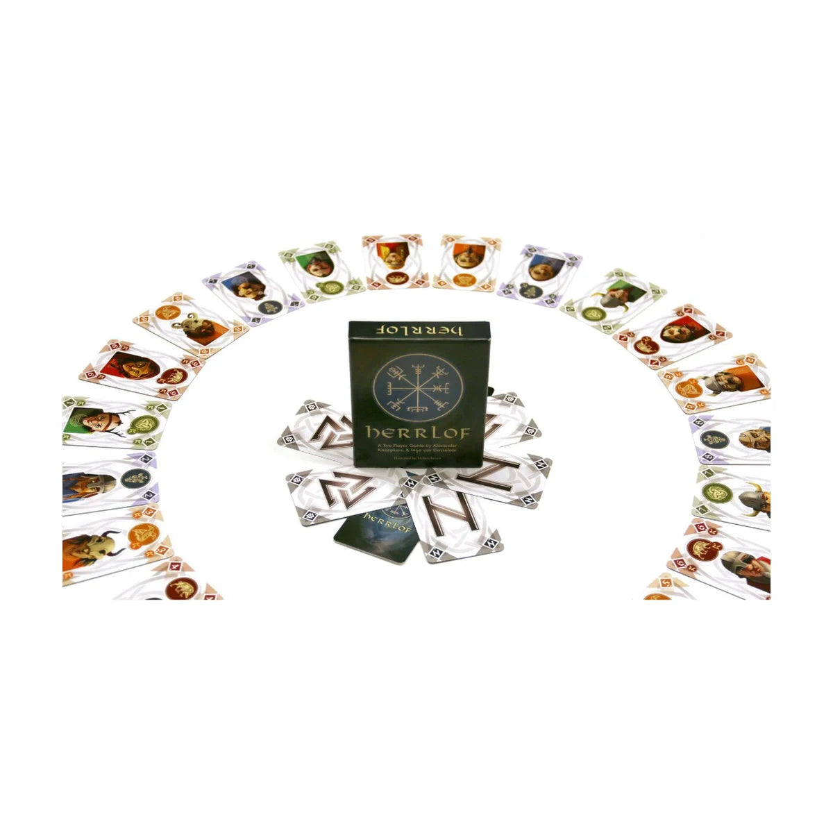 Herrlof card game box surrounded by colourful Viking character cards