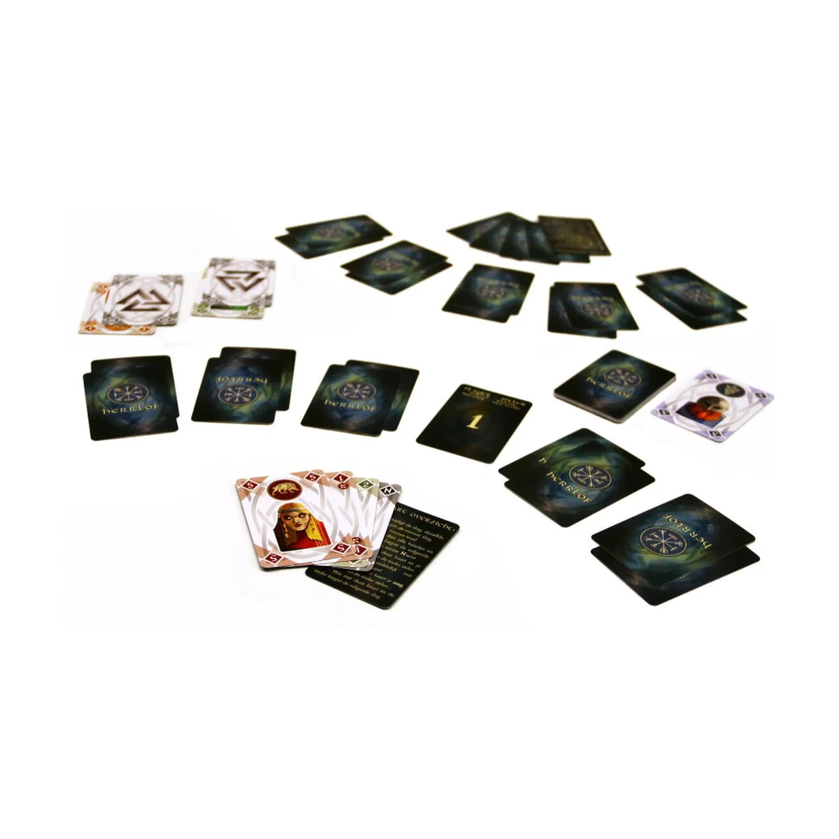 Herrlof trick-taking card game components showing character cards and playing cards